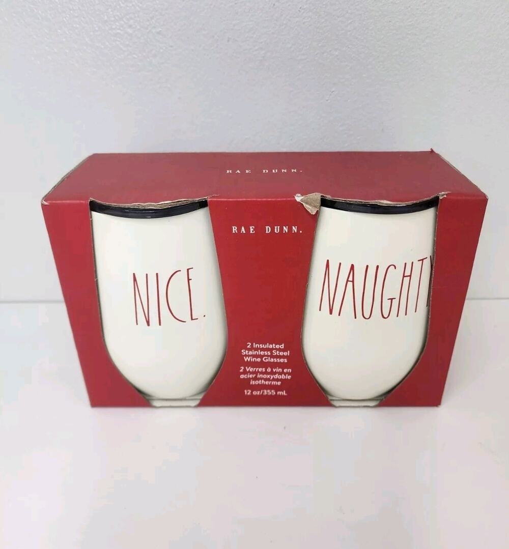 Rae Dunn NAUGHTY NICE Christmas Insulated Wine Glass Tumbler Set Of 2 NEW
